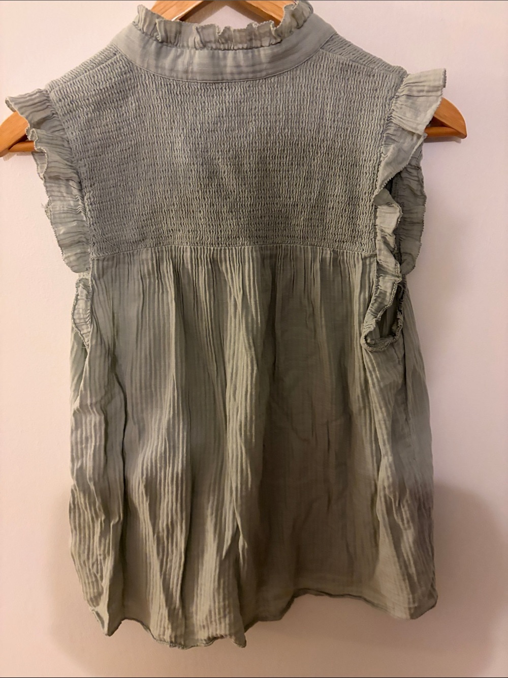 J. Crew Sage Green Smocked Cap-Sleeve Button Front Top - Picture 6 of 8